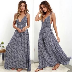NEW DARK BLUE/WHITE MAXI LONG VNECK DRESS BOHO